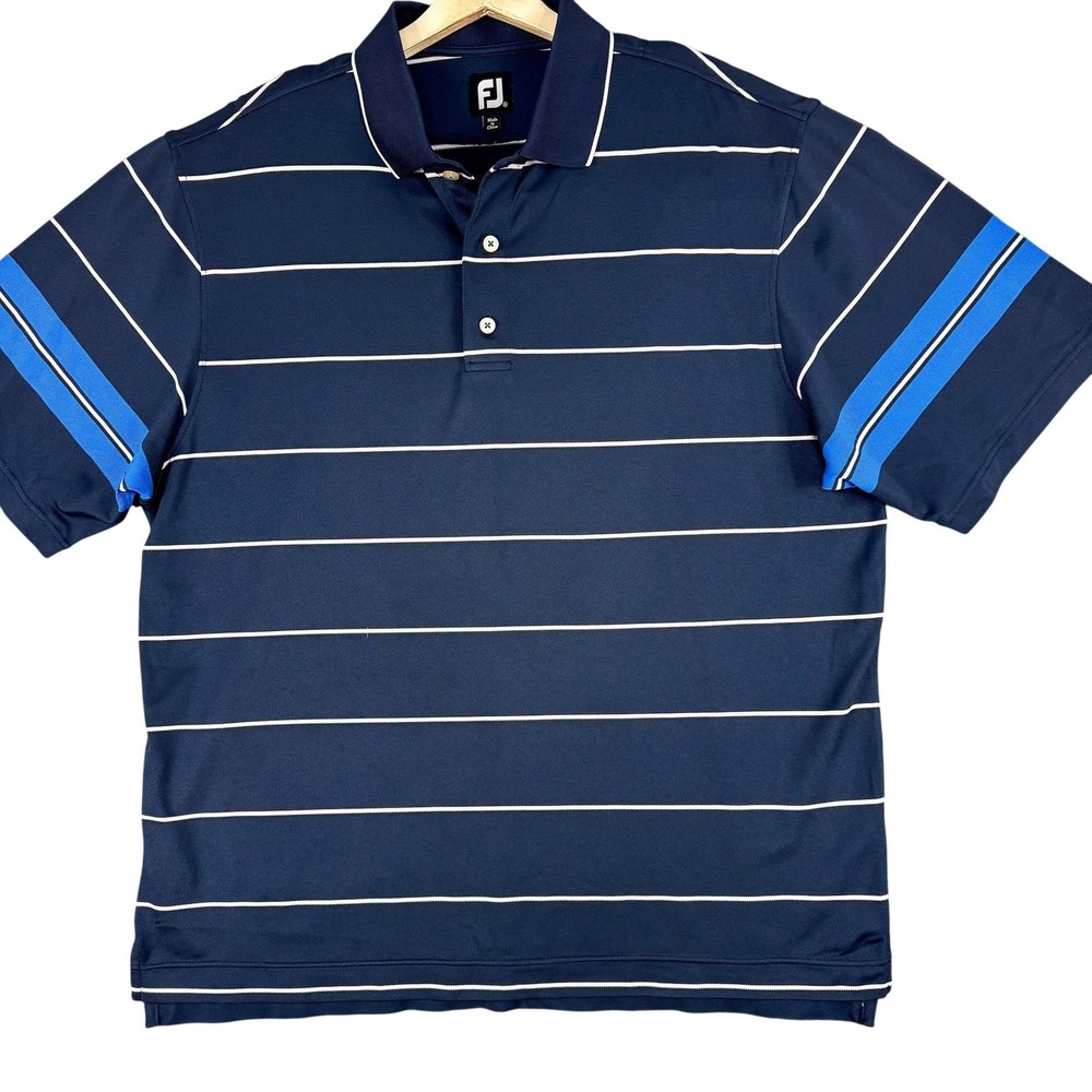 Footjoy Polo Shirt Mens XL Blue Stripe‎ Golf Performance Stretch Short Sleeve